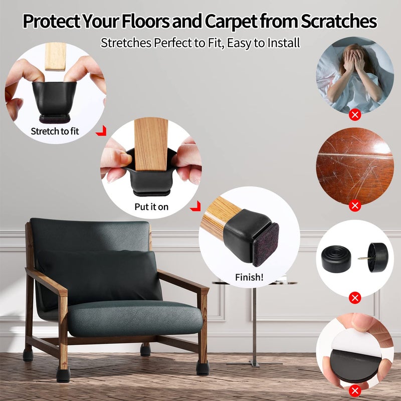 Ezprotekt 24 PCS Square Silicone Chair Leg Floor Protectors  Felt Furniture Pads  Bar Stool Leg Floor Protectors for Chairs  Chair Leg Caps Covers  Chair Cups Sliders for Wood Floors (Fit 1.1""- 1.45""  Black) - Image 3